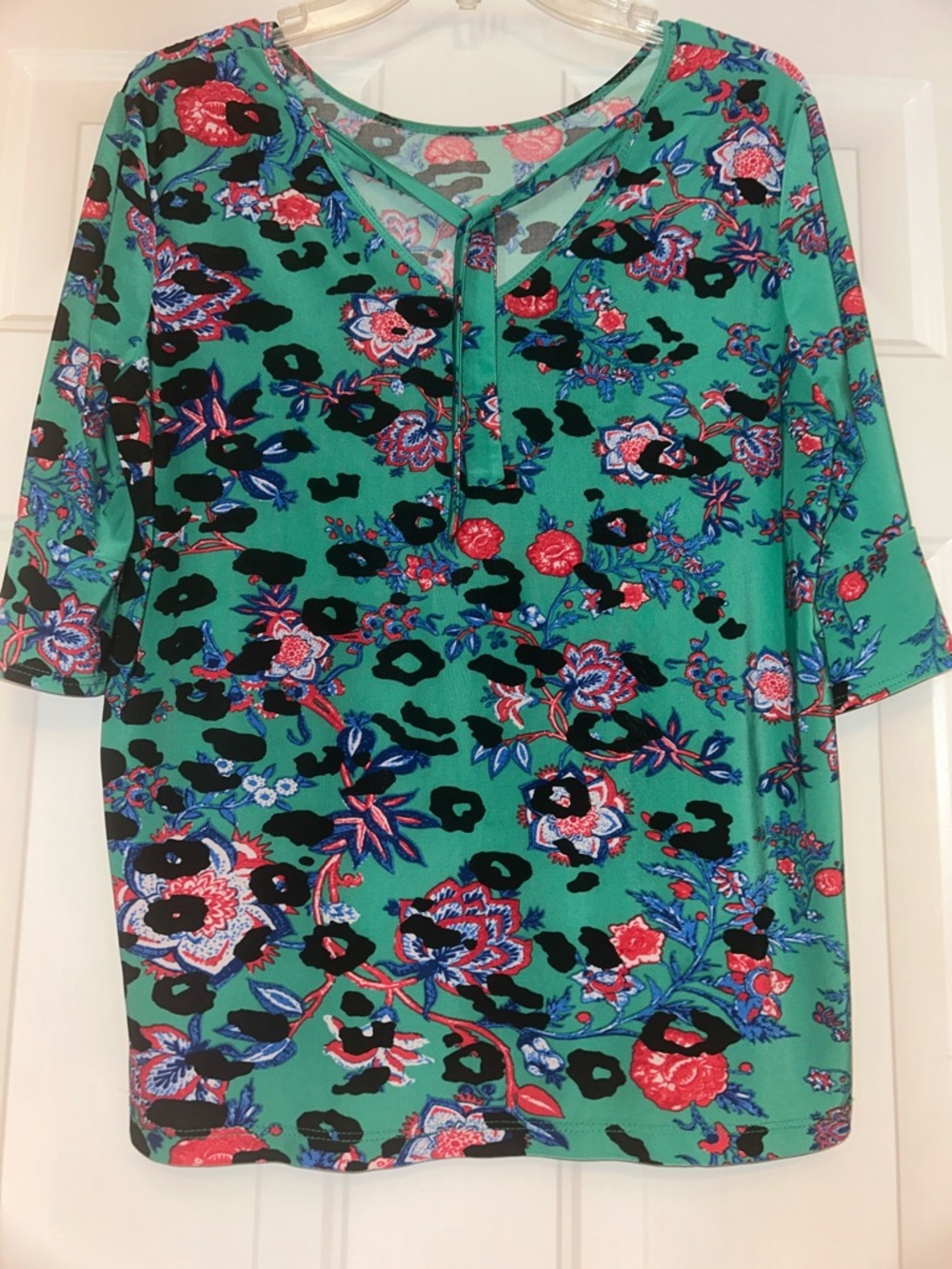 Clara Sun Woo Artsy Floral Leopard Top S Green Flare Sleeve Loose Maximalist